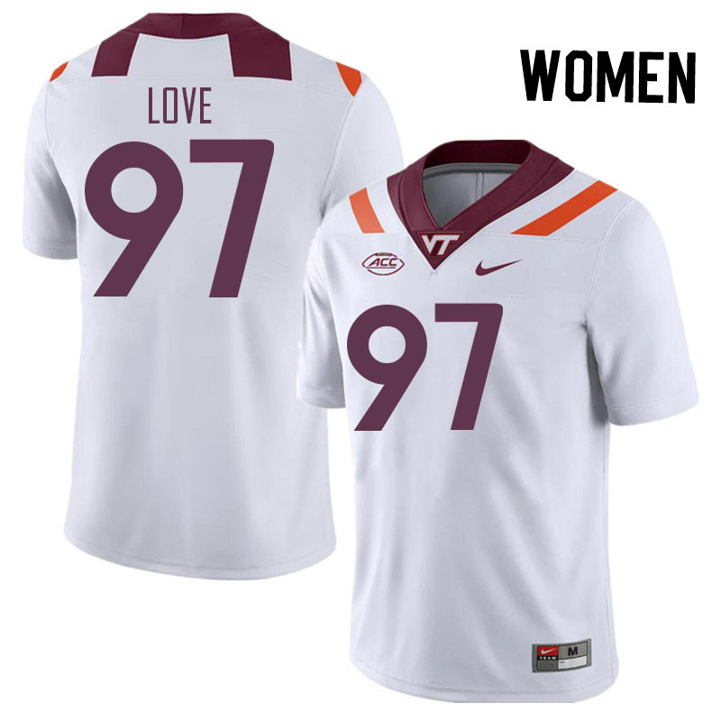 Women #97 John Love Virginia Tech Hokies College Football Jerseys Stitched Sale-White